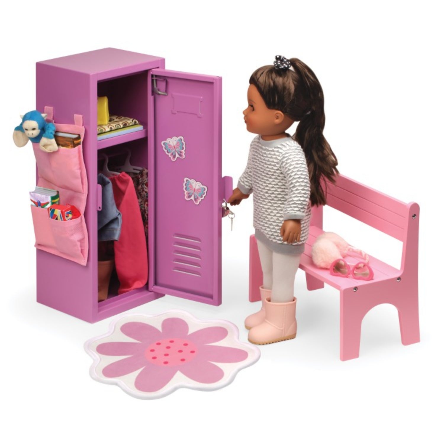 Badger Basket School Style Single Doll Locker Set with Bench, Rug and Accessories – Purple/Pink