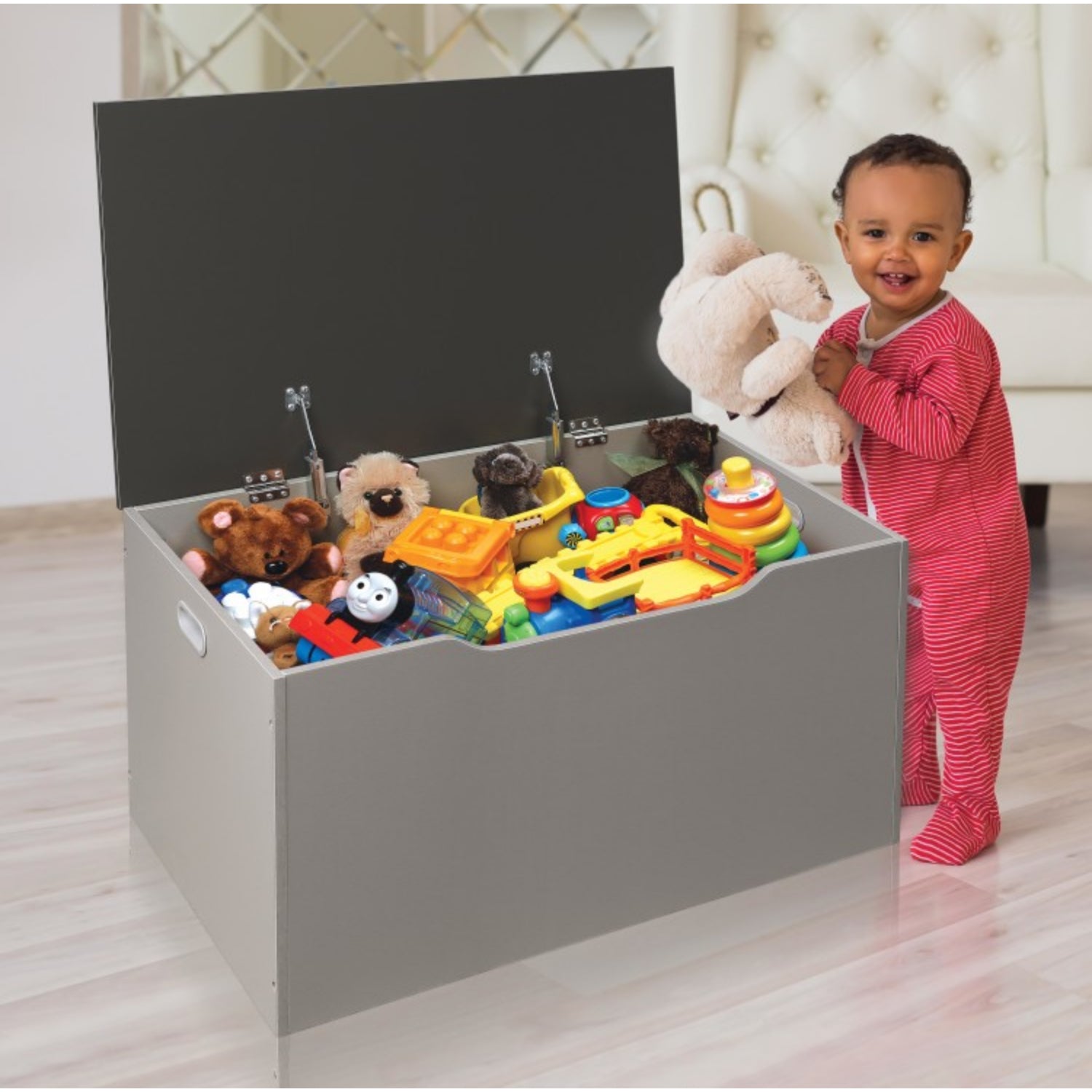 Badger Basket Flat Bench Top Toy and Storage Box – Woodgrain/Gray