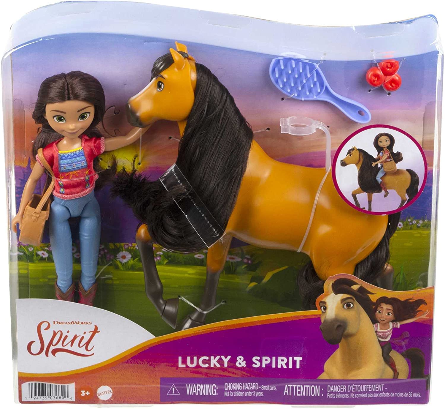 Mattel Spirit Lucky Doll (7 in) with 7 Movable Joints, Fashion Top, Treats, Brush & Spirit Horse (8