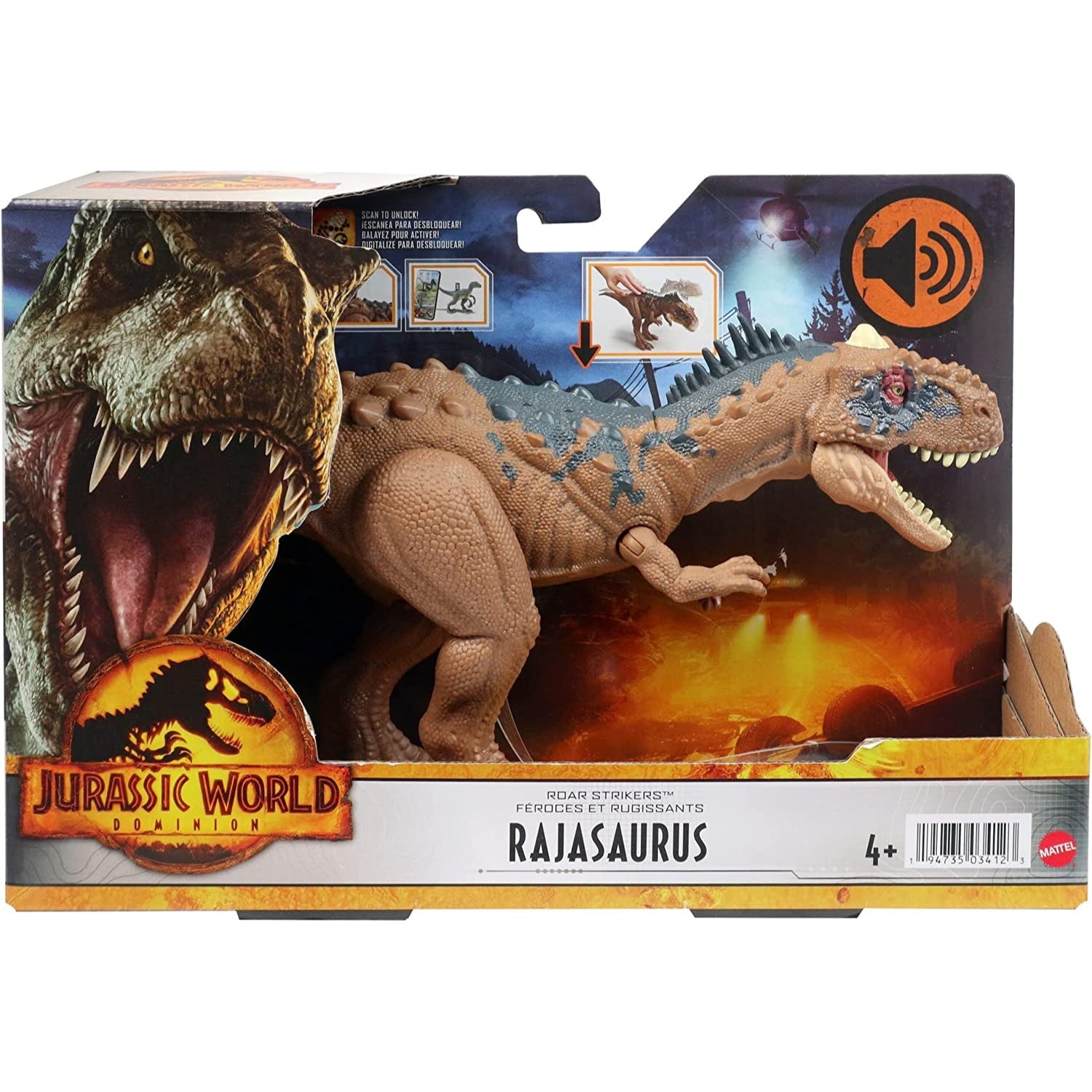 Mattel Jurassic World Dominion Roar Strikers Rajasaurus Dinosaur Action Figure with Roaring Sound an