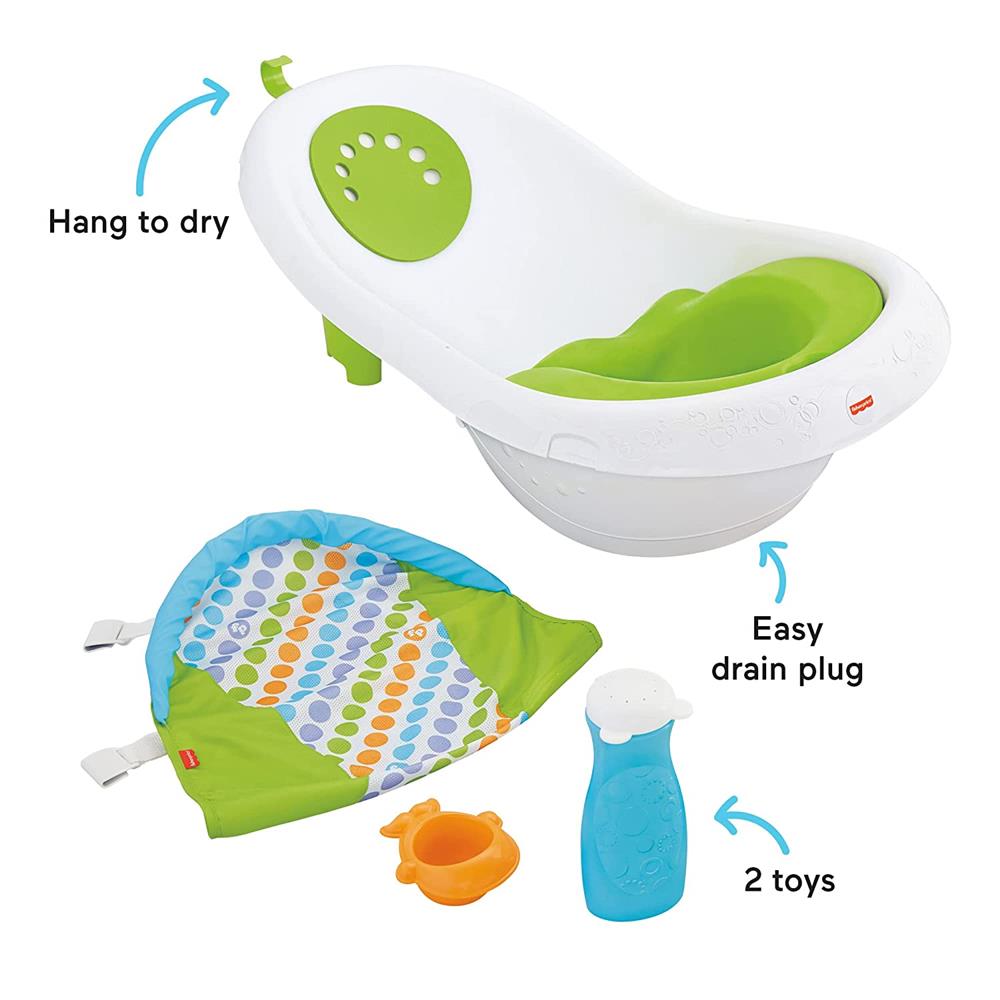 Fisher Price 4-in-1 Sling 'n Seat Tub Green, Convertible Baby to Toddler Bath Tub with Seat and Toys