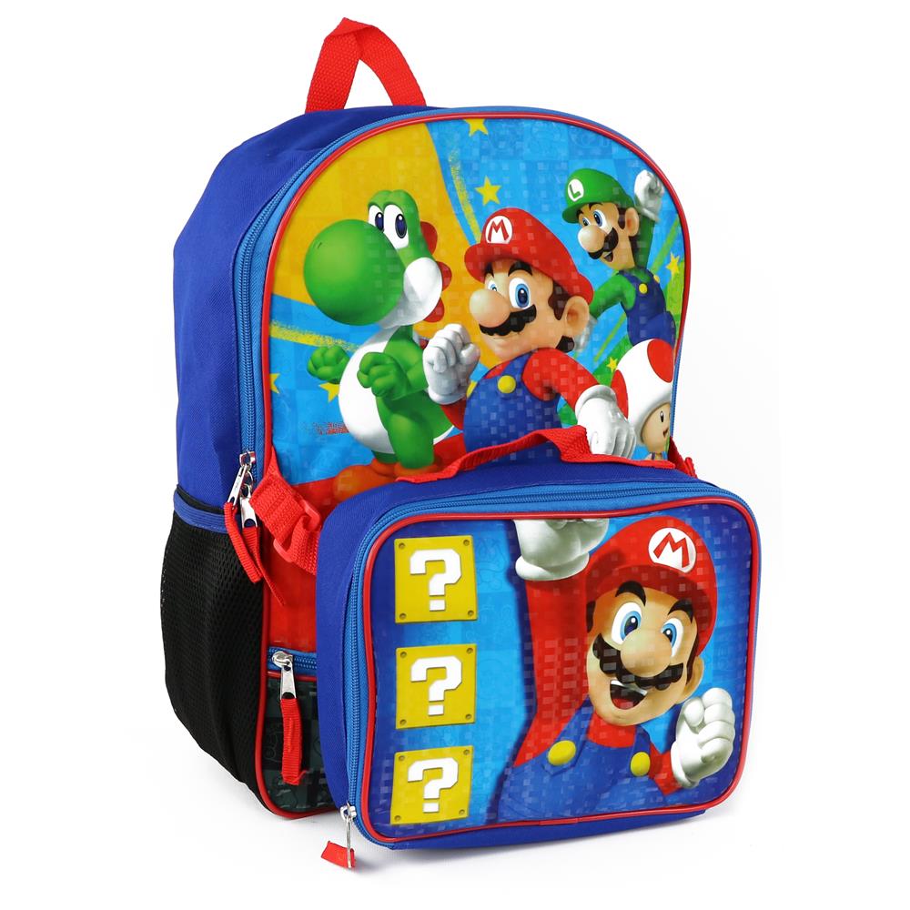 2017 Super Mario 3D Brother Team 16 inch Large Backpack Kid Boys w/Lunch Bag, Boy's