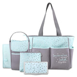Baby Essentials 5 Piece Diaper Bag Tote Set, Stars, Grey / Aqua