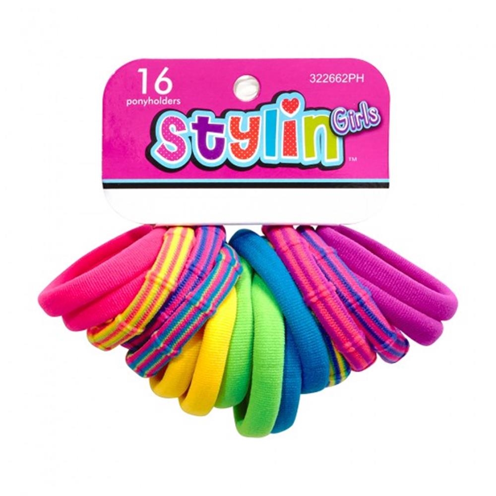 Stylin Girls 16pc Ponyholders; 6 Multi Colored Terry & 10 Solid
