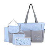 Baby Essentials 5 Piece Diaper Bag Tote Set, Stars, Grey / Blue