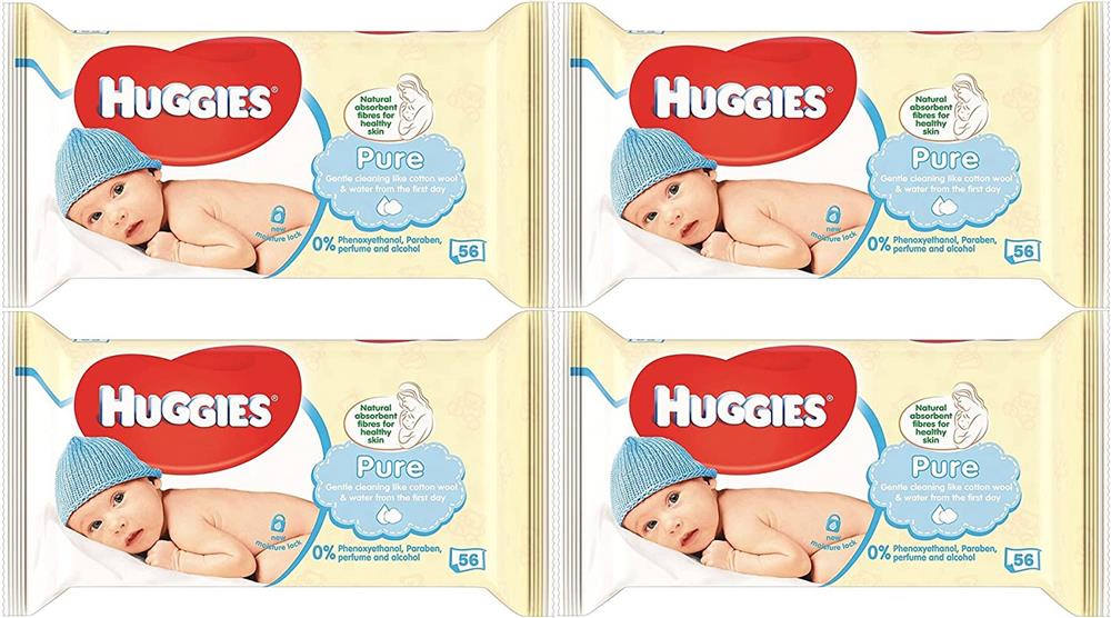 Huggies Pure Baby Wipes 56 Count (Pack of 4) 224 Wipes Total