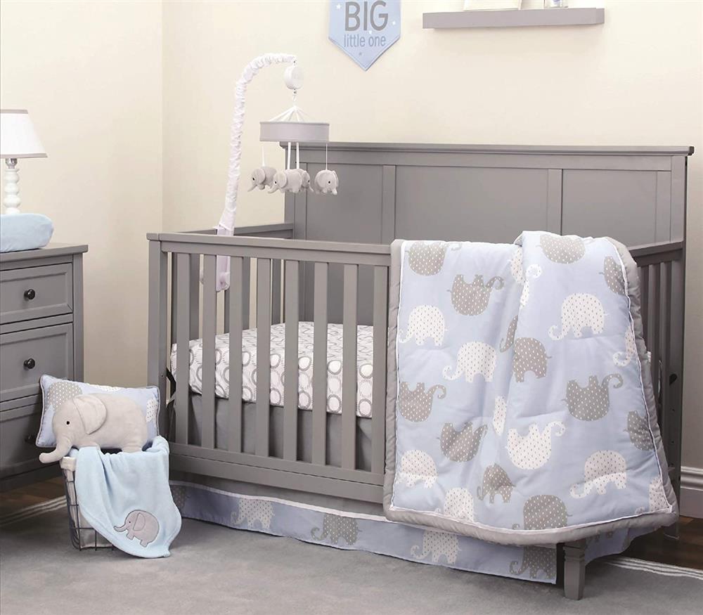 NoJo Elephant 4 Piece Nursery Crib Bedding Set, Blue/Grey/White