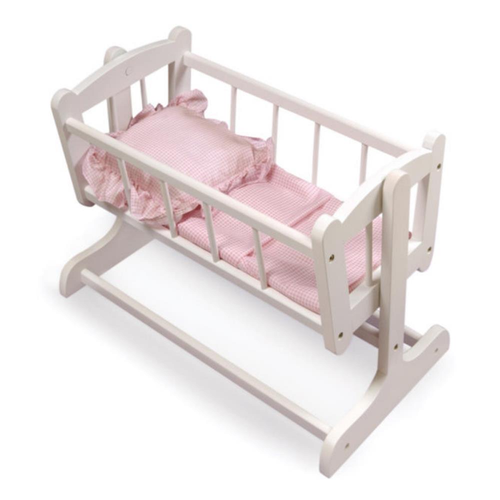 Badger Basket Heirloom Style Doll Cradle with Bedding – White/Pink