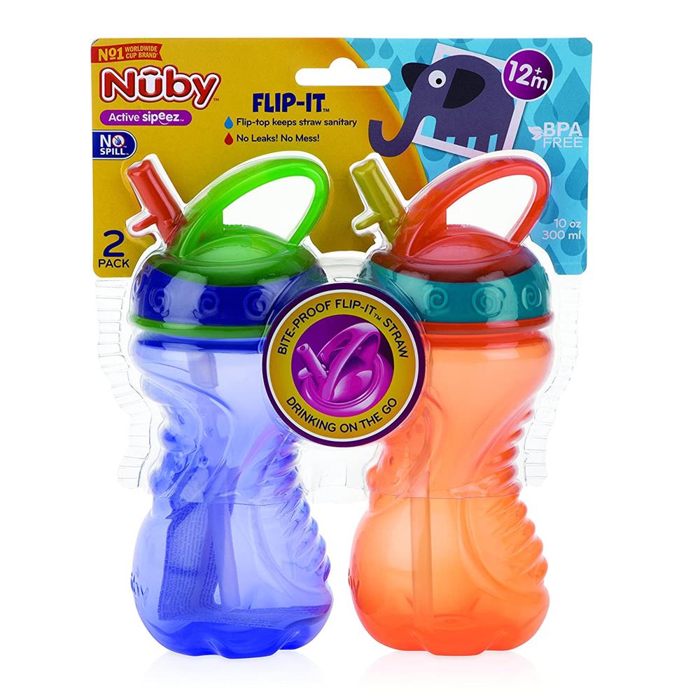 Nuby Two-Handle No-Spill Flip N' Sip Straw Cup, 8 Ounce, Red with Blue