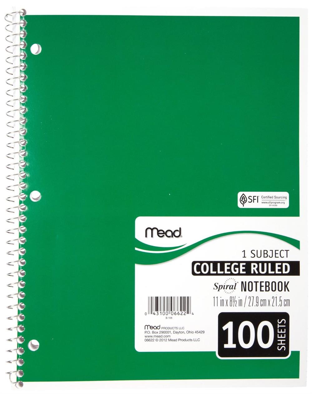 Mead 1 Subject College Ruled Spiral Notebook