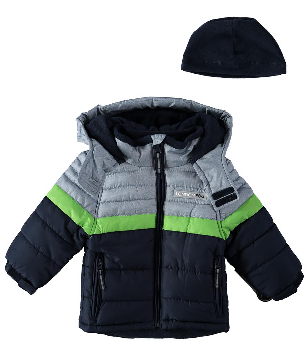 London Fog Baby Boys' Color Blocked Puffer Jacket Coat with Hat