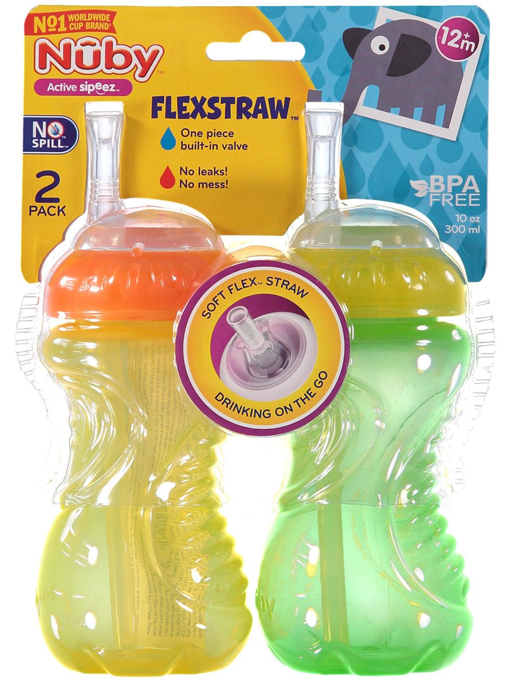 Nuby 2-Pack No-Spill Cup with Flex Straw, 10 oz