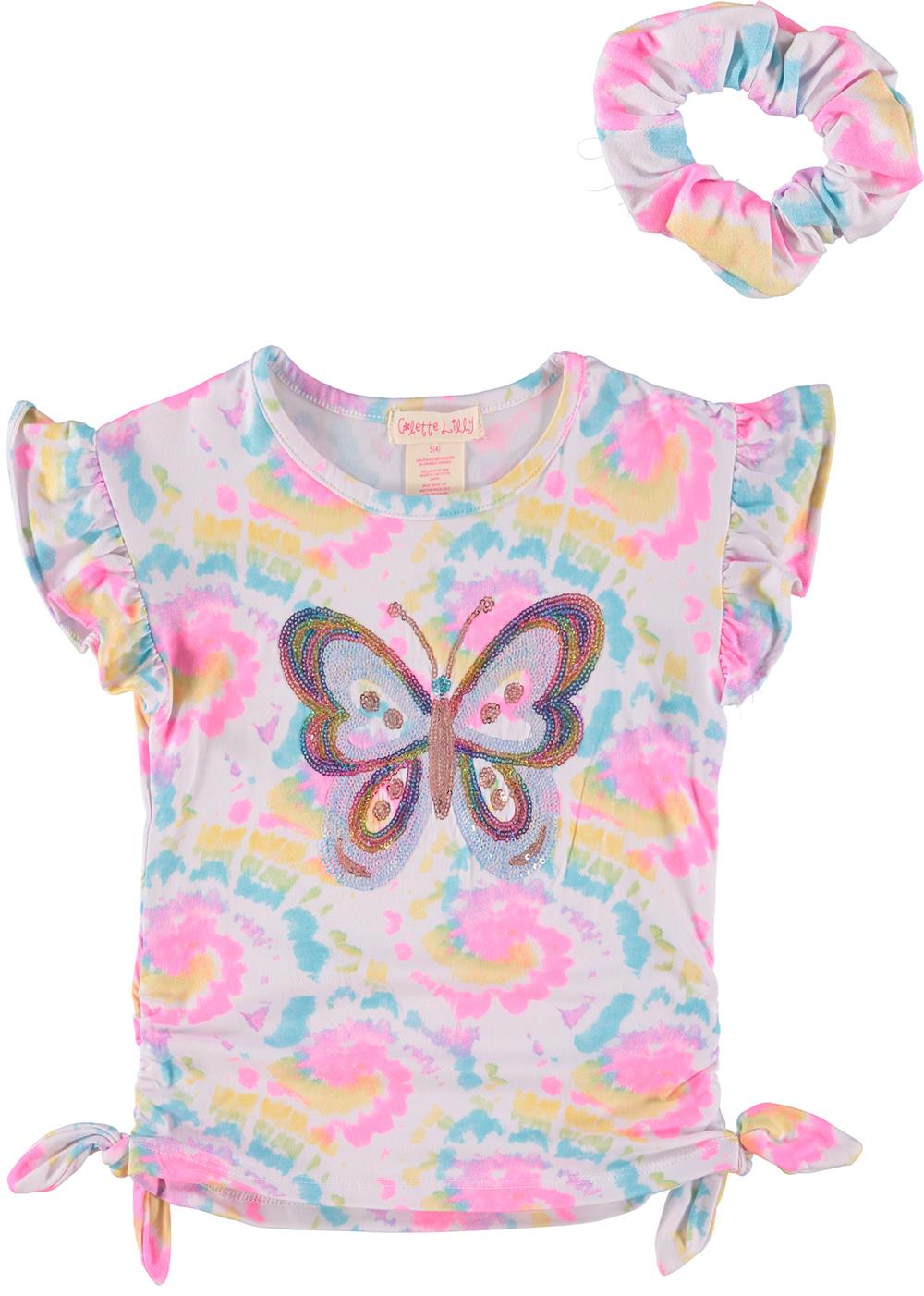 Colette Lilly Girls 2T-4T Butterfly Sequin Side Cinch Top with Hair Scrunchie
