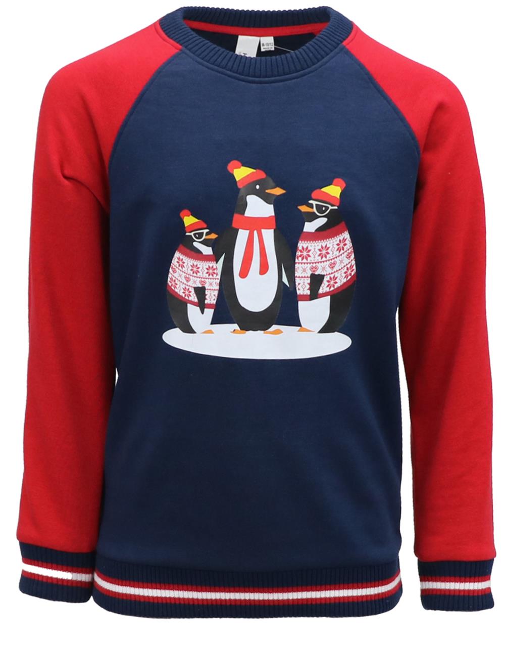 Kimu Boys 2-18 Raglan Sleeve Penguin Family French Terry Sweater Sweatshirt