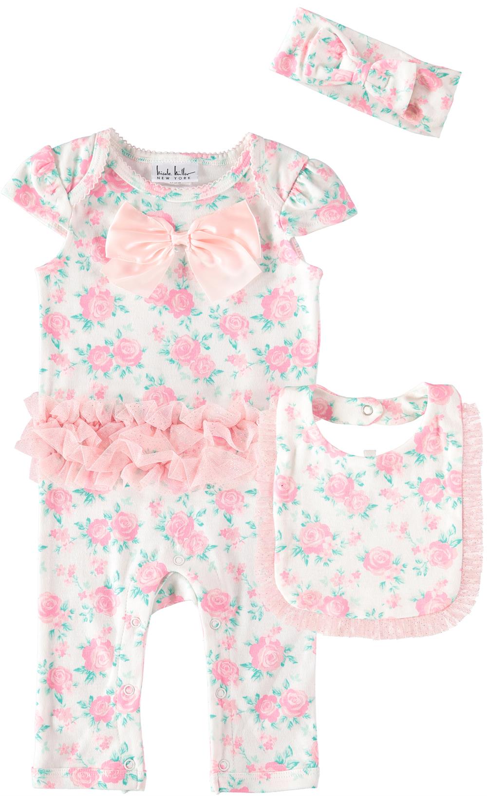 Nicole Miller Girls 0-9 Months 3-Piece Bow Coverall Set