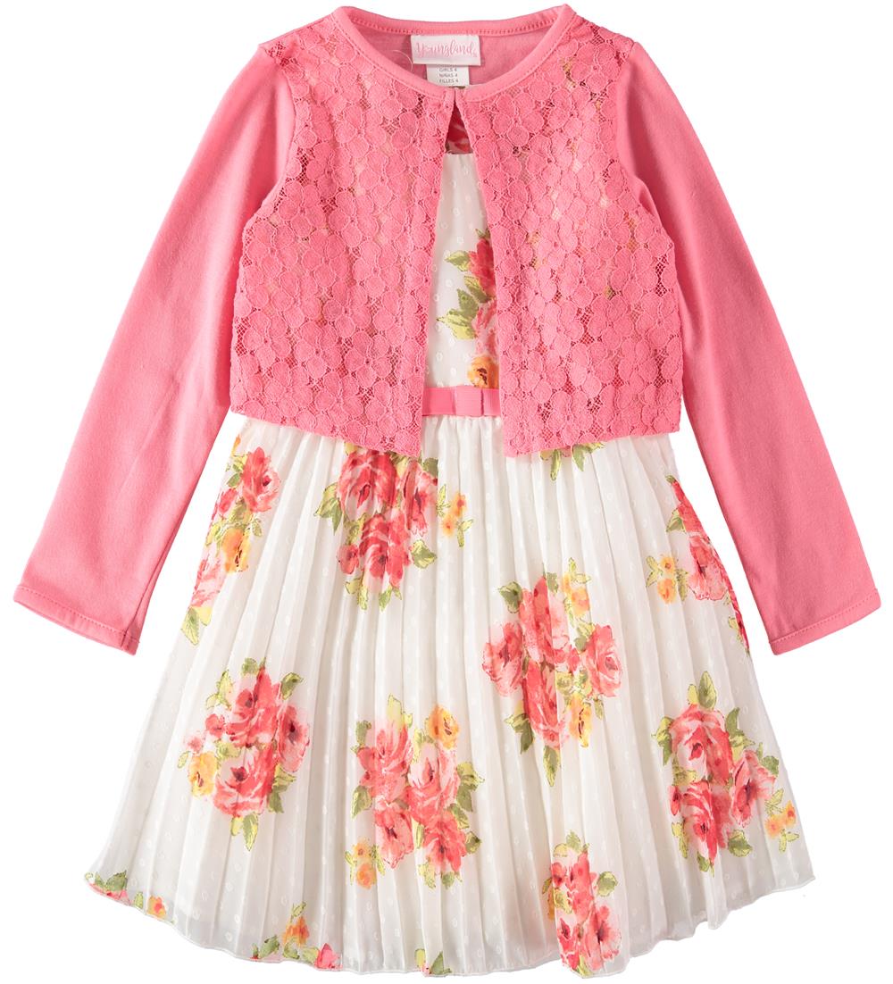 youngland pink dress Youngland pink, black, and white floral dress with polka dots and bows,