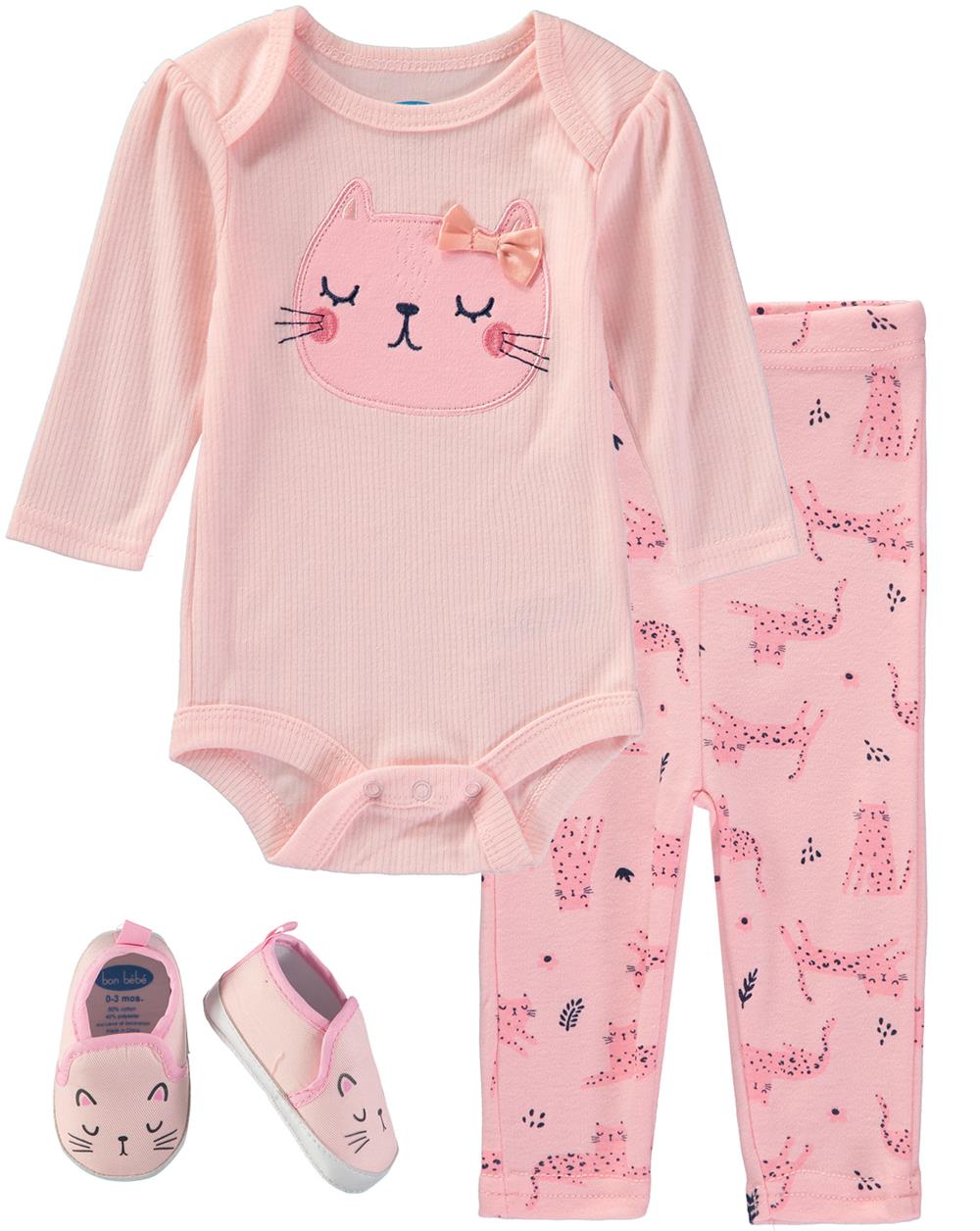 Bon Bebe Girls 0 9 Months Kitty Bodysuit Pant Set with Shoes 0 3 Months Pink