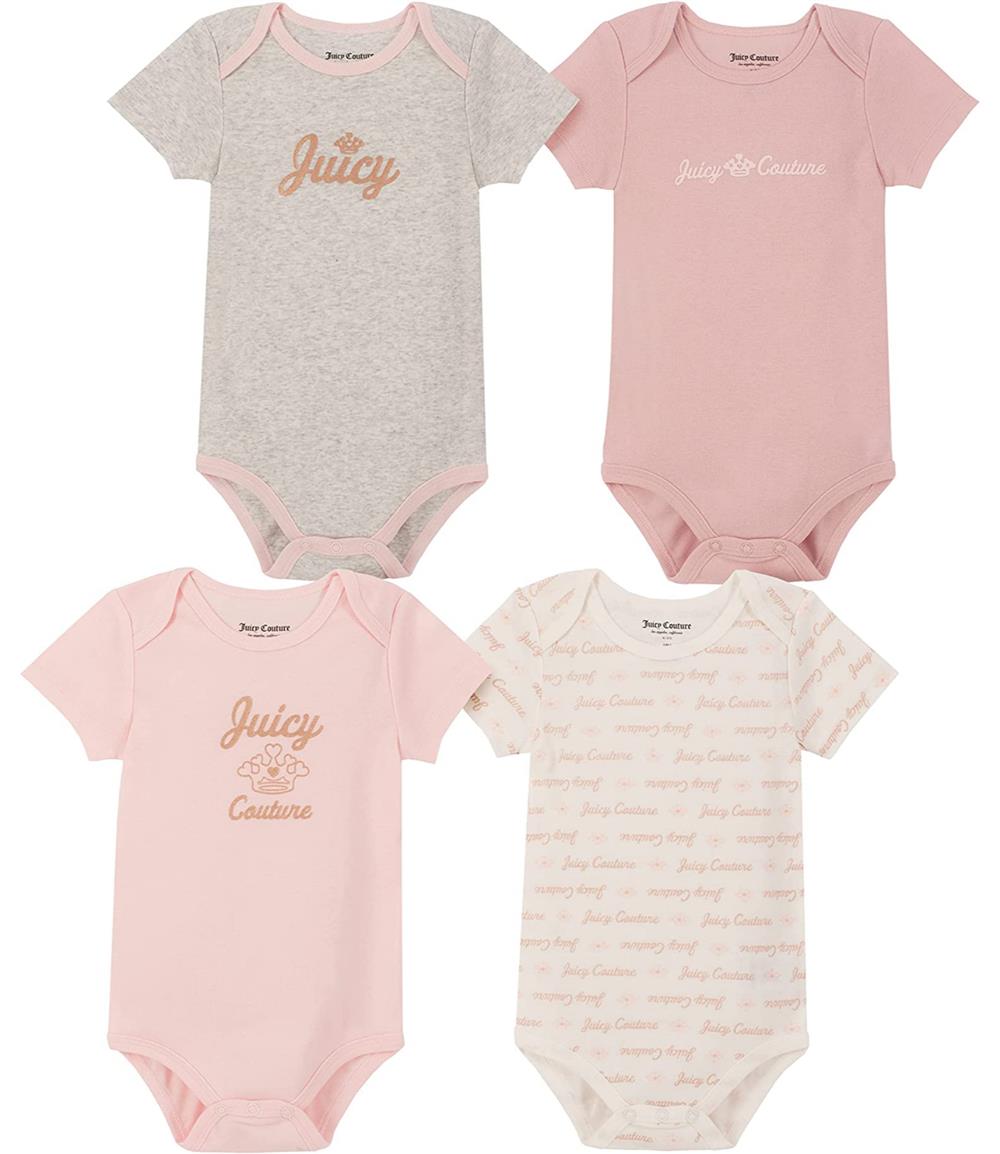 Juicy Couture Girls 12-24 Months Short Sleeve 4-Pack Bodysuits