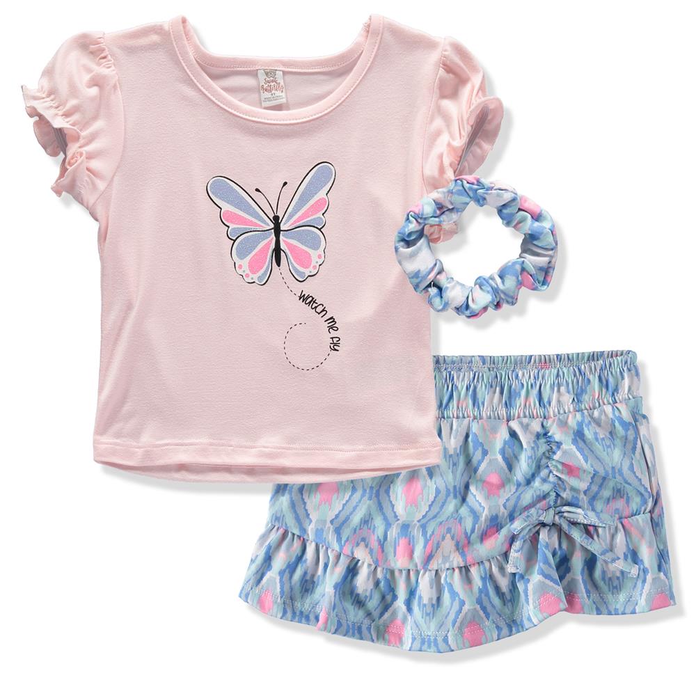 Sweet Butterfly Girls 2T-6X Butter Soft T-Shirt and Skort Set with Matching Scrunchie