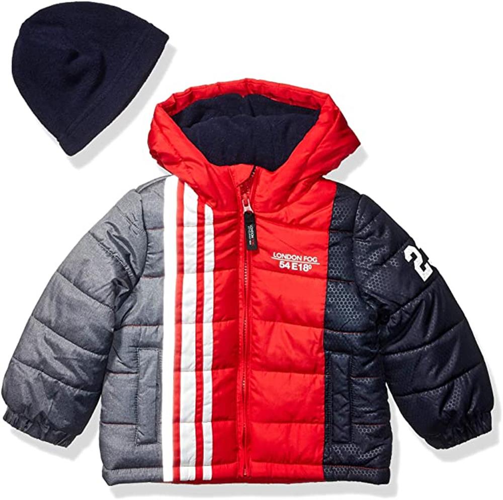 London Fog Racing Stripe Color Block Puffer Jacket w/Hat