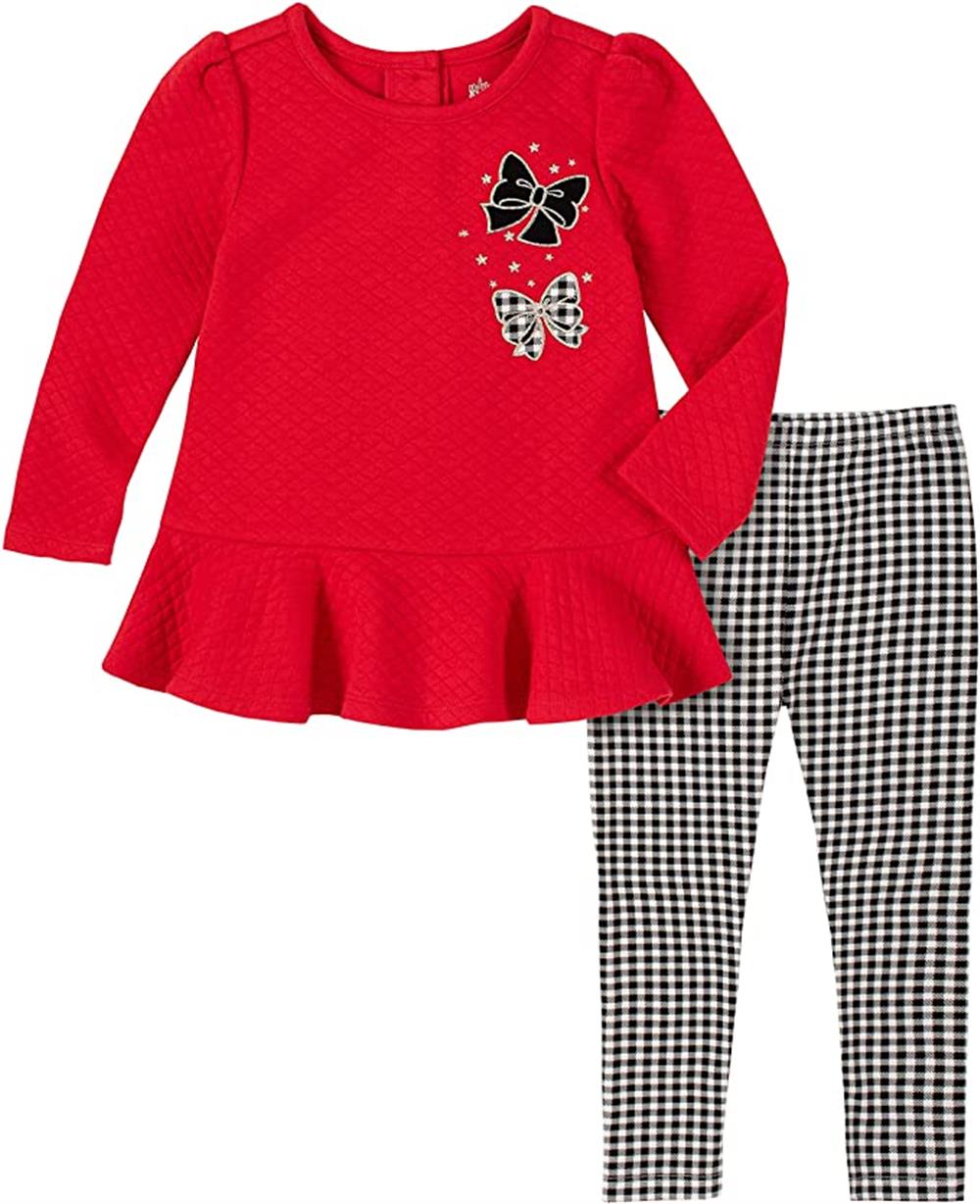 Kids Headquarters Girls Quilted Peplum Tunic and Check Plaid Legging Set