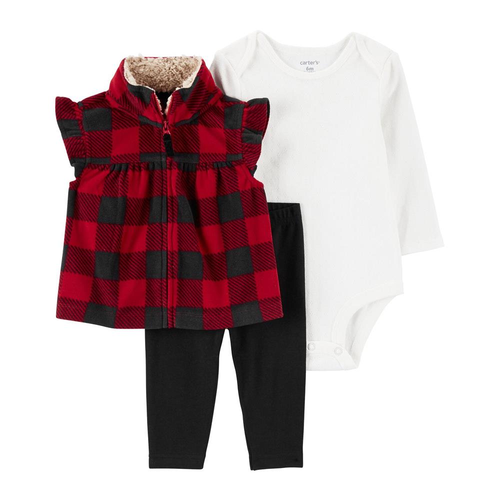 Carters Girls 0-24 Months 3-Piece Plaid Fleece Little Vest Set