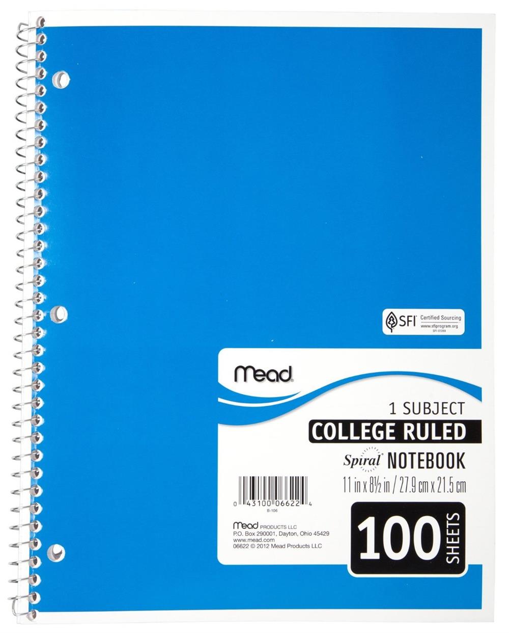 Mead 1 Subject College Ruled Spiral Notebook