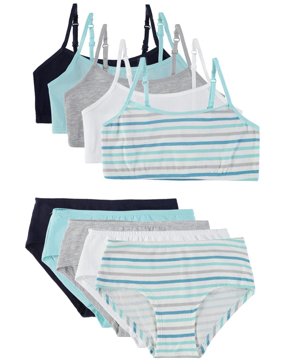 Cyndeelee Girls 7-14 Cotton 10-Pack Matching Bra & Panty Set - 14 /  Turquoise