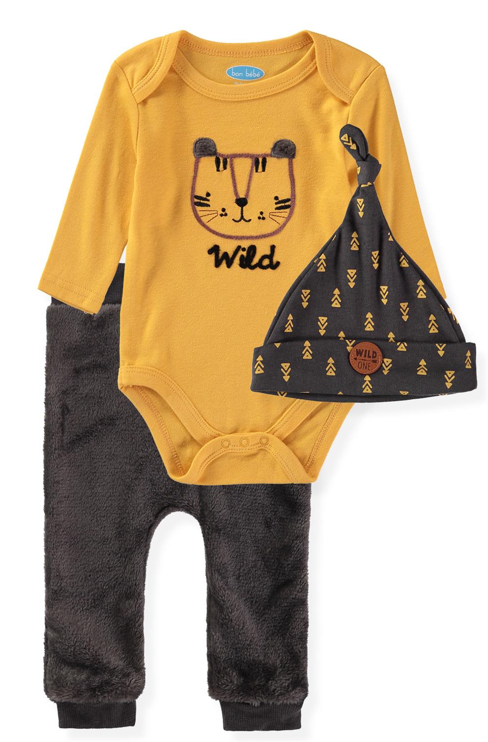 Bon Bebe Baby Boys 0-9 Months Tiger Bodysuit Plush Pant Set with Hat