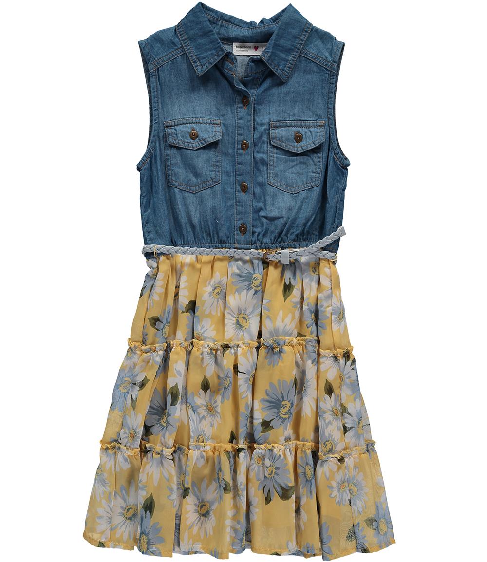 Denim Dress with Peter Pan Collar for Girls - blue dark solid, Girls